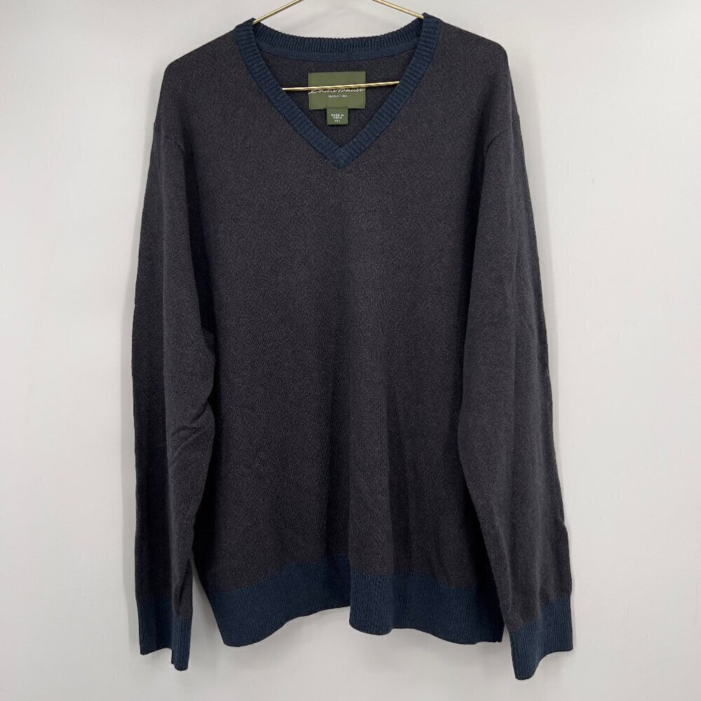 Eddie Bauer Mens Big & Tall V-Neck Sweater Gray Blue Cotton Cashmere Blend XXL